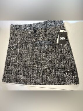 DKNY Black & White Tweed Button-Front Mini Skirt